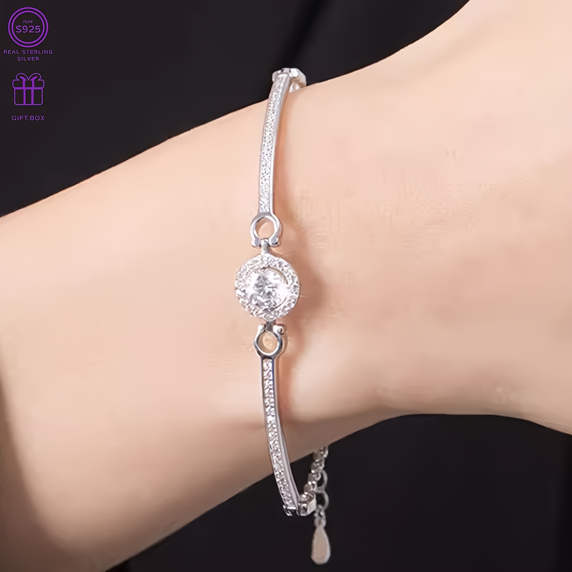S925 Silver Sun Bracelet with Clear Zirconia Charm